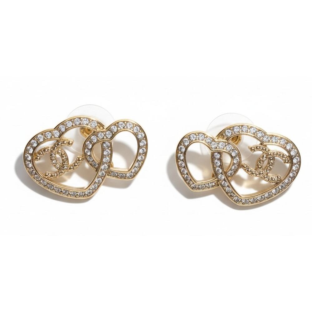 CHANEL Gold Double Heart Crystal CC Earrings 23C (CHXX030)